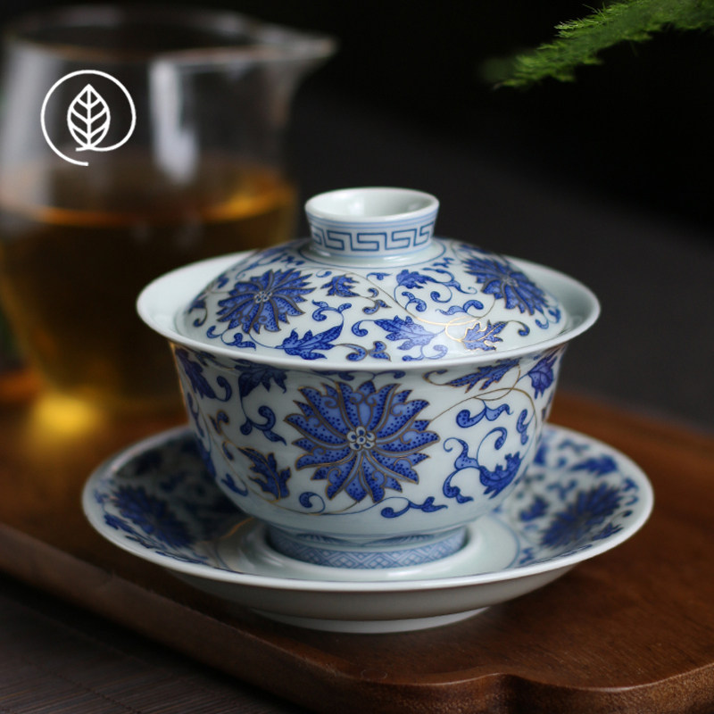 景德镇青花缠枝莲三才盖碗可悬停泡茶碗陶瓷家用青花瓷大号茶碗