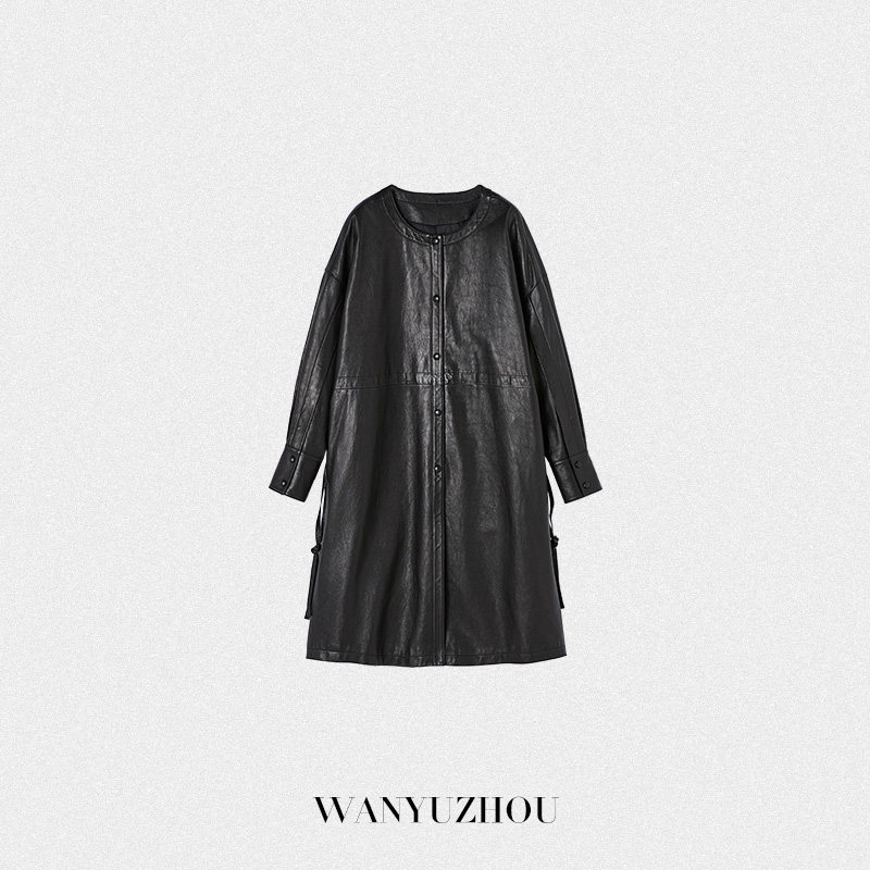 【WANYUZHOU】绵羊皮长款圆领皮衣外套女士宽松秋冬真皮外套