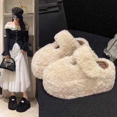 厚底内增高7CM小个子小码34包头毛毛拖鞋女外穿2025秋冬季棉拖鞋