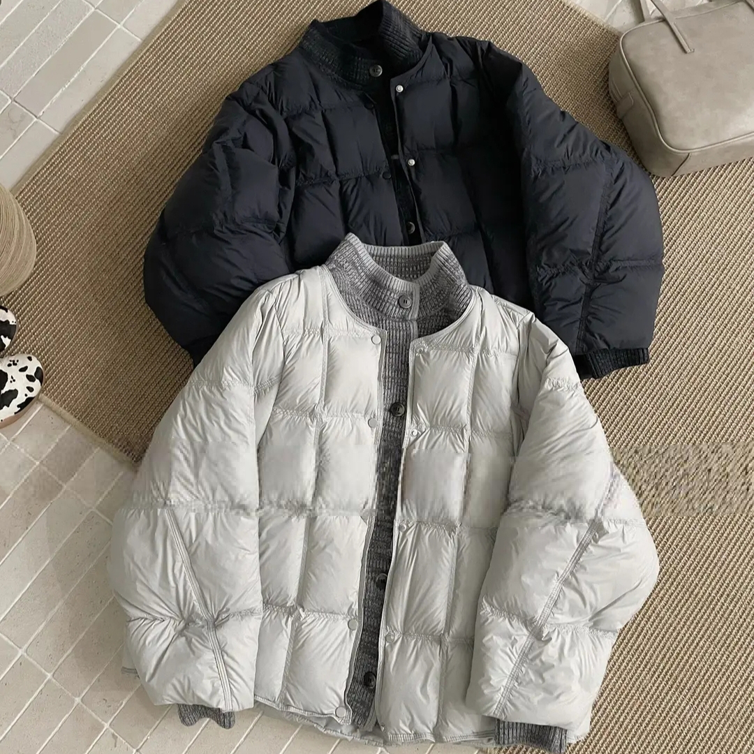 拼接针织假两件立领单排扣羽绒服