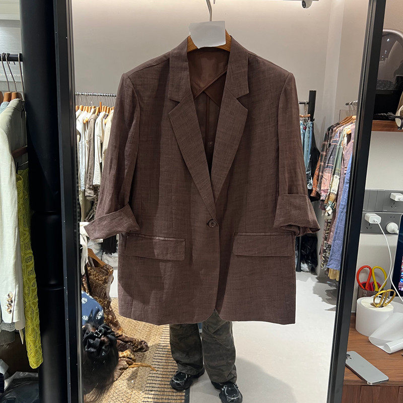 欧洲站2026春季新款时尚复古通勤风亚麻西装女七分袖百搭外套2695