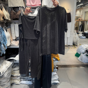 欧洲站2026夏季新款时尚抽绳短袖T恤假两件直筒裤显瘦两件套女款