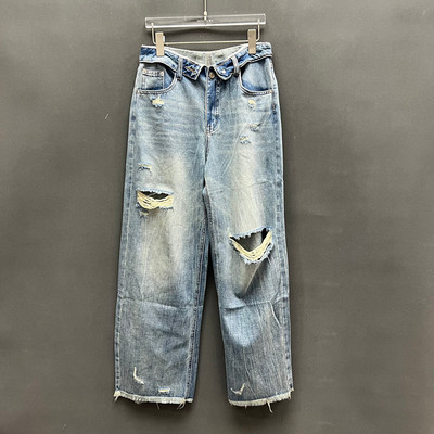 春季美式街头破洞直筒毛边牛仔裤