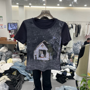 欧洲站2026夏季新款时尚卡通风圆领短袖印花T恤女款修身显瘦上衣