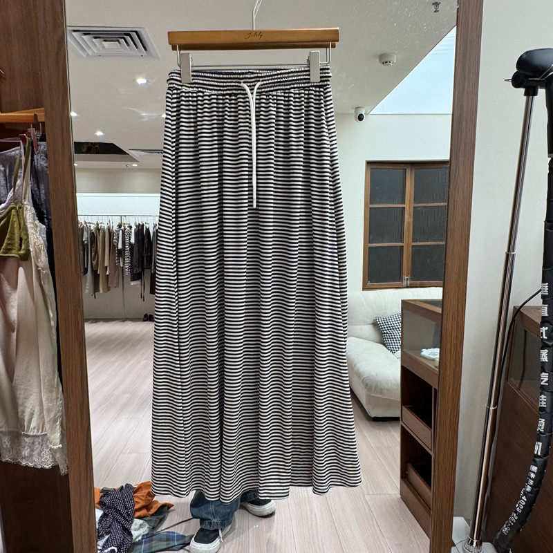 欧洲站2026夏季新款时尚韩版宽松显瘦百搭系带条纹半身裙女款