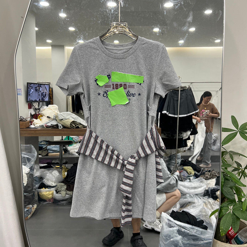 欧洲站2026夏季新款时尚休闲风圆领短袖字母印花T恤女带腰封T恤裙