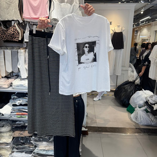 欧洲站2026夏季新款时尚韩式休闲风印花T恤条纹半身裙两件套女款
