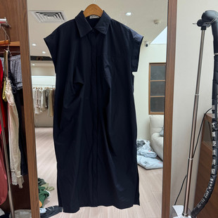 欧洲站2026夏季新款时尚通勤简约风衬衫领无袖连衣裙女款宽松百搭