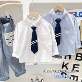 中大童男孩长袖 男童帅气领带衬衫 帅气衬衣 潮牌2025春秋新款 韩式