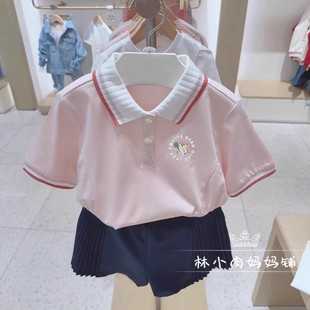 现货25年夏款 小熊女童装 印花翻领短袖 T恤中大童学院风甜美POLO衫