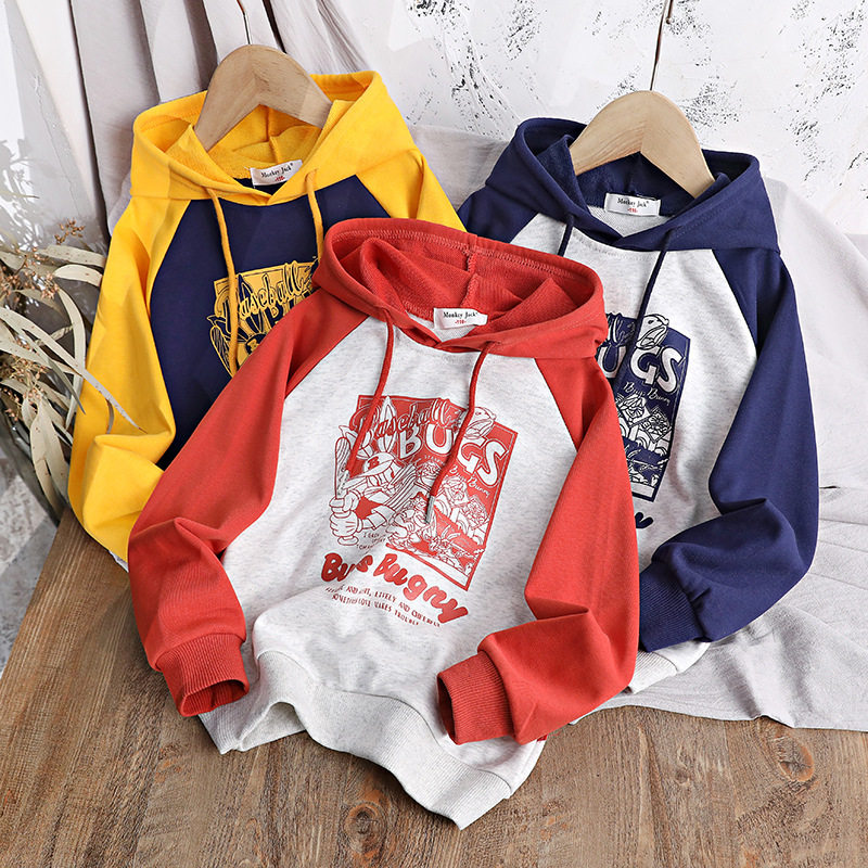儿童帽衫春秋季韩版新款卡通兔子休闲连帽卫衣男女童拼色上衣潮