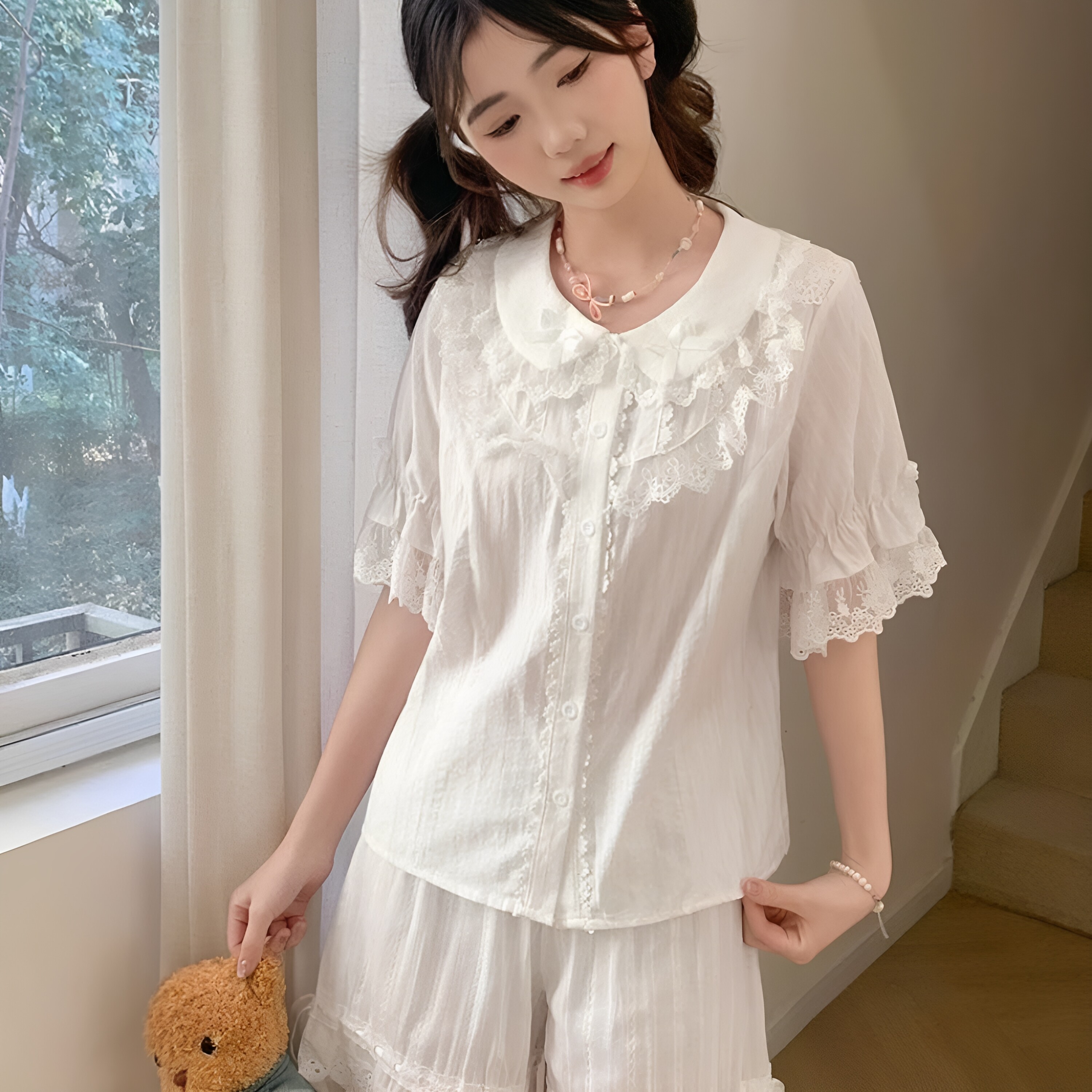 lolita内搭衬衫女上衣短袖夏季公主洋装长袖可爱洛丽塔娃娃领修身