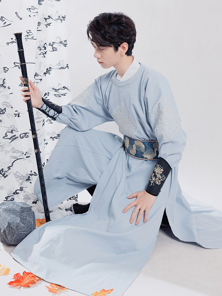 원래 HANFU 남자 명나라 라운드 칼라 가운 정장 중국 스타일 고대 의상 기사도 학자 학자 풀 세트 고대 스타일 비행 물고기 정장
