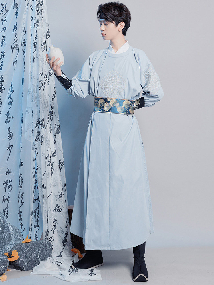 원래 HANFU 남자 명나라 라운드 칼라 가운 정장 중국 스타일 고대 의상 기사도 학자 학자 풀 세트 고대 스타일 비행 물고기 정장