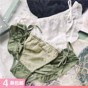 日系少女绑带冰丝三角网纱拼接蝴蝶结蕾丝边系带侧开性感女内裤
