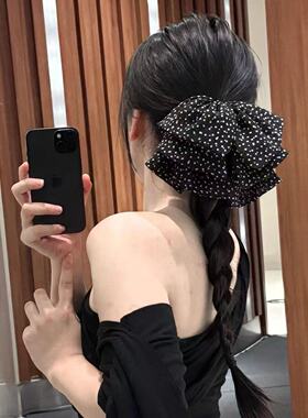高级感黑色波点蝴蝶结马尾抓夹女气质发夹后脑勺鲨鱼夹发卡头饰