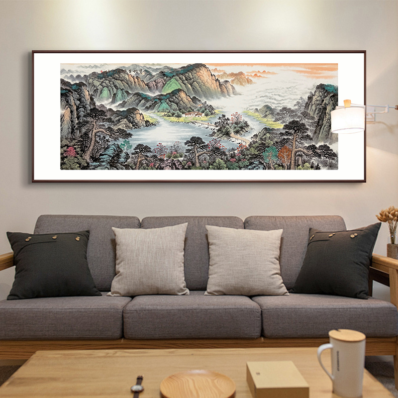 手绘实木框国画水墨山水挂画客厅办公室新中式背景墙字画装饰画