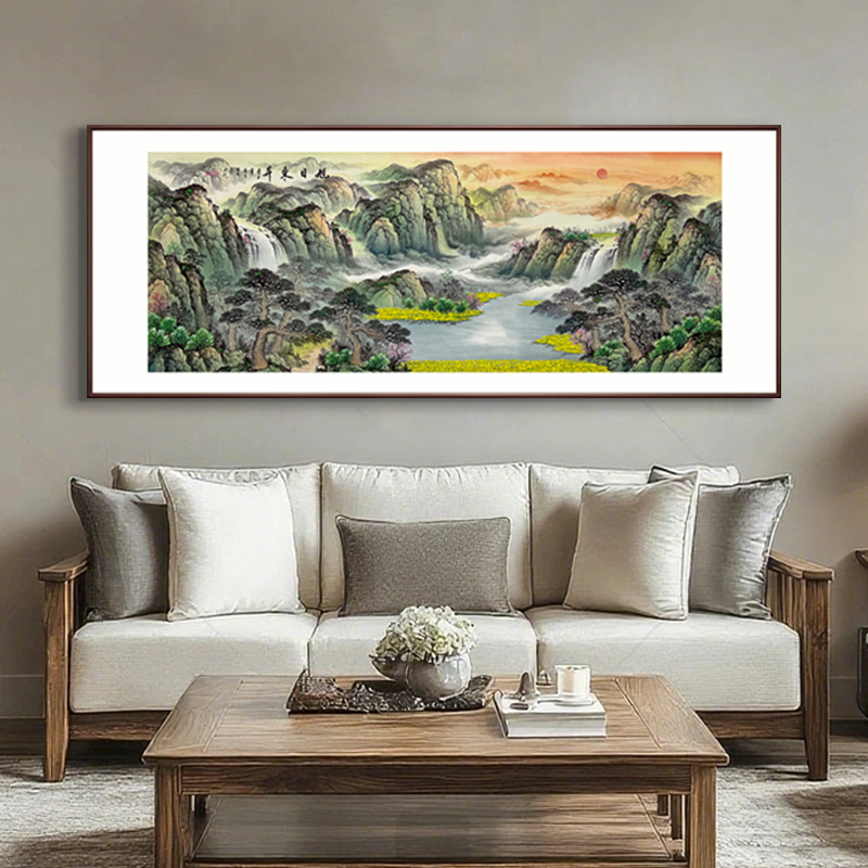 手绘国画旭日东升山水挂画客厅书房办公室新中式背景墙实木装饰画图片