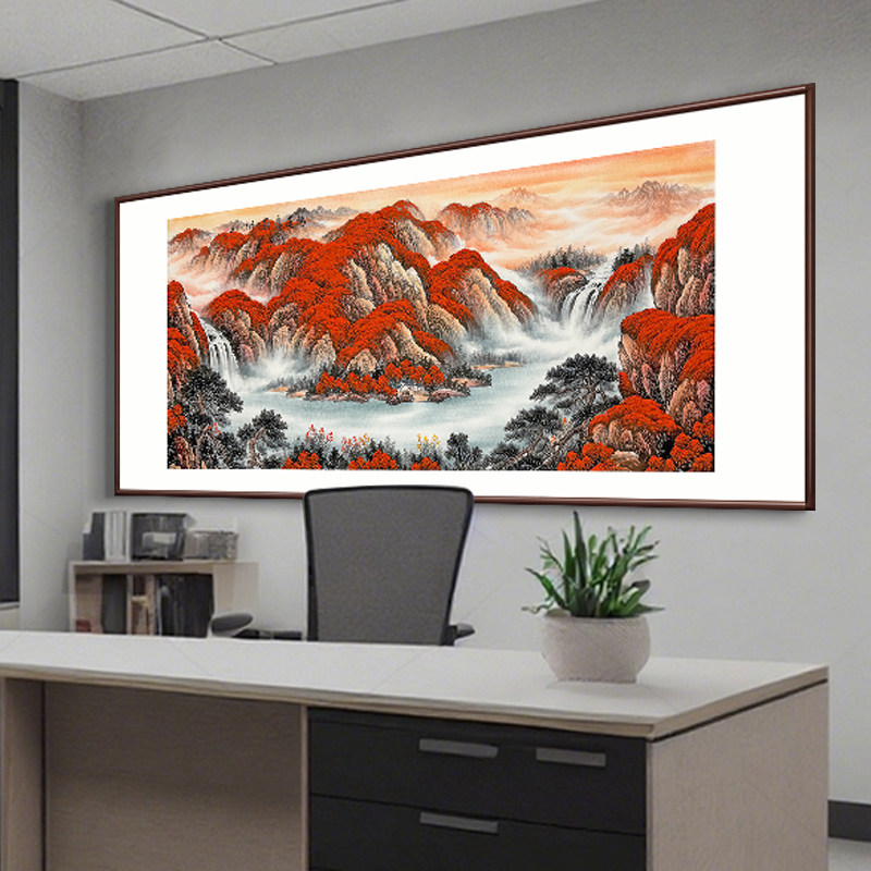 手绘鸿运当头国画山水红色挂画客厅办公室背景墙聚宝盆招财装饰画