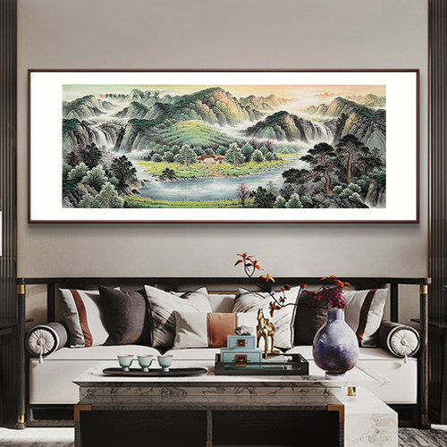 手绘实木国画水墨山水挂画客厅办公室新中式背景墙聚宝招财装饰画