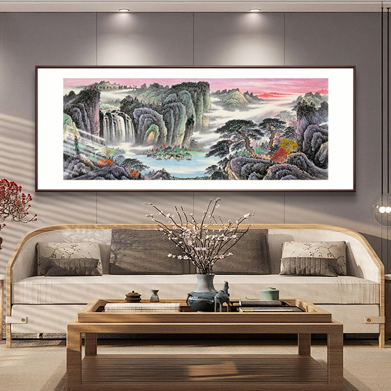 手绘国画紫气东来山水挂画实木框客厅书房新中式沙发背景墙装饰画