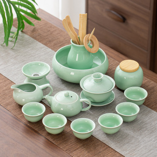 家用青瓷功夫茶具整套装客厅小型陶瓷泡茶壶喝茶杯办公室盖碗全套