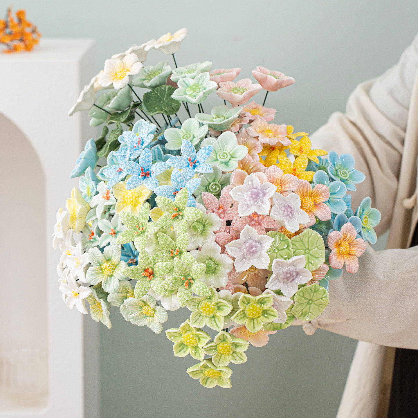 手工DIY插花陶瓷花朵仿真花永生花束装饰摆件教师七夕节创意礼物
