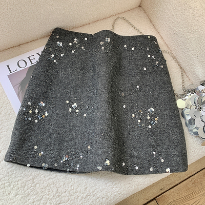 灰色亮片半身裙女2025秋冬高腰显瘦a字短款小个子毛呢短裙裙子