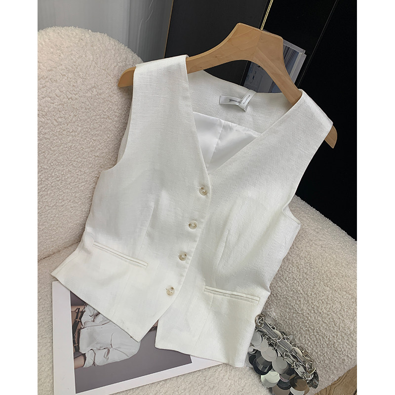 夏季高端白色老钱风亚麻西装马甲女款夏季新款薄款棉麻小马夹背心