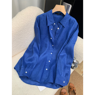 高级感亚麻衬衫女春夏高端宽松超好看衬衣轻奢克莱因蓝色棉麻上衣