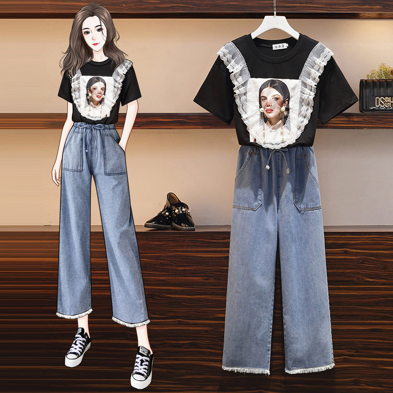 Large size women's clothing fat summer new fashion age reduction cover belly show thin short sleeve jeans wide leg pants two piece suit