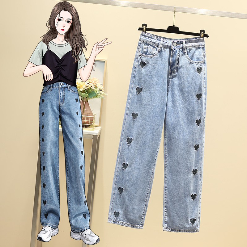 Large size women's clothing fat mm summer new fashion high waist leg covering thin thin embroidery denim straight pants casual pants