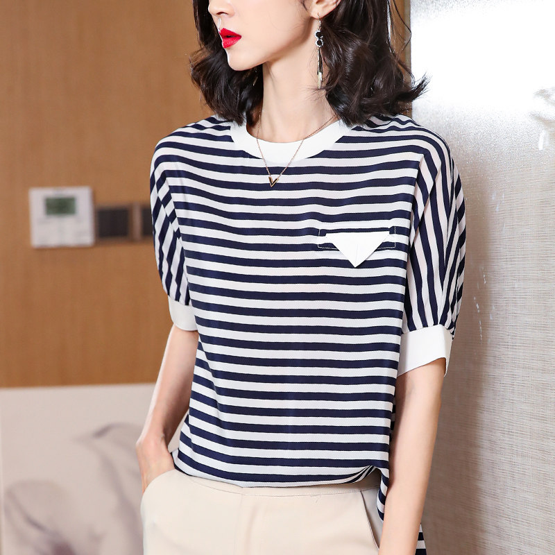 重磅100桑蚕丝上衣2023年夏新款假口袋条纹半袖小衫真丝短袖t恤女