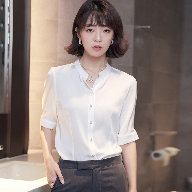 重磅真丝衬衫女2023新款白色小衫短袖衬衣显瘦大牌洋气桑蚕丝上衣