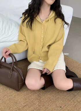 25秋冬新款韩版宽松休闲百搭纯色连帽针织衫女小个子短款毛衣外套