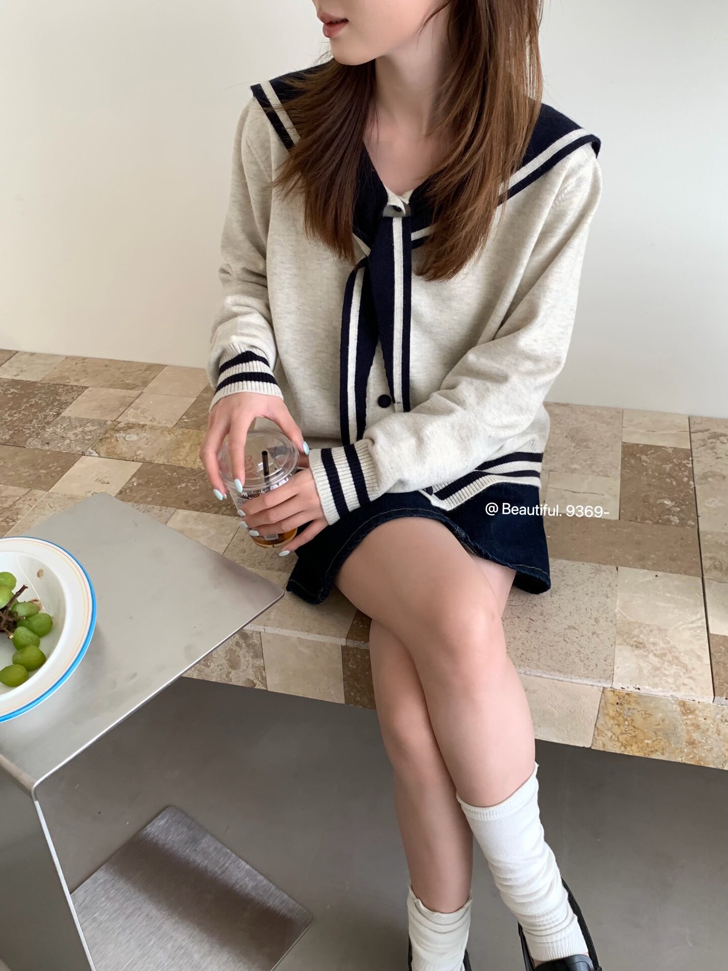 韩版学院风撞色海军领蝴蝶结扣设计感长袖针织衫毛衣上衣女外套新