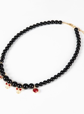 *EVAE+ 黑色珍珠骷髅项链新款红宝石颈链可调节潮牌小众设计简约