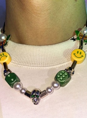 evae mob李斯丹妮庆怜同款项链正品笑脸骰子珍珠嘻哈圣诞限定款