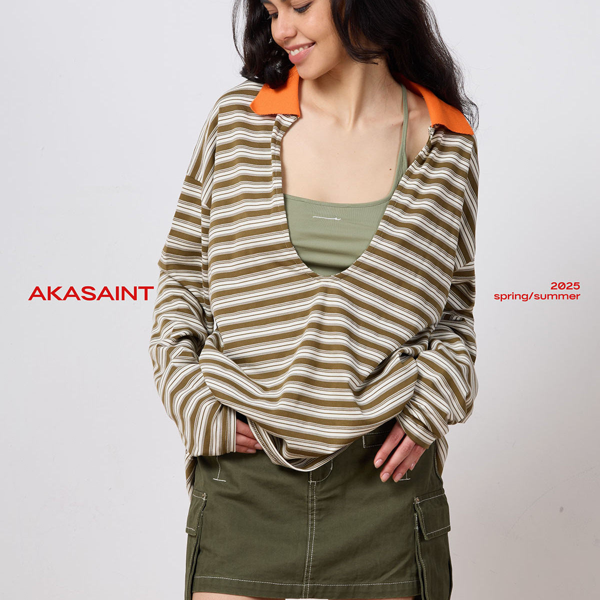 AKASAINT"stripe orange"撞色大V领条纹宽松休闲polo衫,女装/女士精品,POLO衫,淘宝优惠券,粉丝福利购,淘宝优惠卷