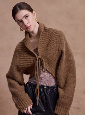 AKASAINT“Scallop”微落肩式翻领系带两穿开衫毛衣短外套新款秋