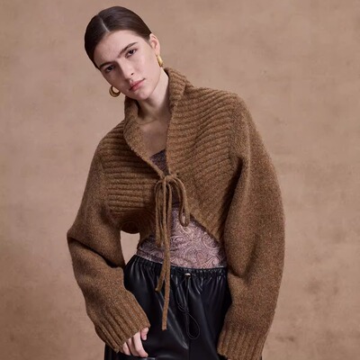 翻领系带两穿开衫毛衣短外套秋款