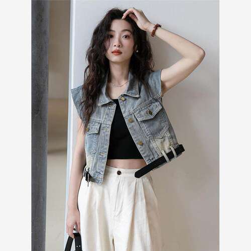 牛仔无袖马甲短款上衣外套