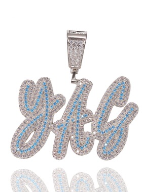 欧美DIY定制英文字母个性吊坠海蓝锆石拼色双层草体嘻哈情侣项链