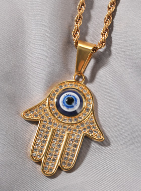 时尚创意镂空法蒂玛之手吊坠复古蓝色土耳其眼睛项链恶魔之眼项坠
