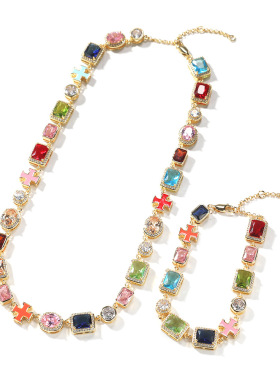 夏季ins风多巴胺项链精致奢华铜镶锆石几何型可调节彩色宝石手链