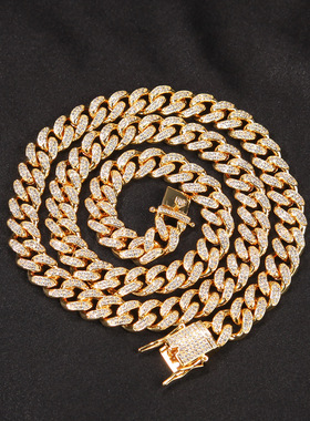 10mm宽铜镶锆石嘻哈古巴链百搭手链镀18K金重工锁骨链男女潮项链