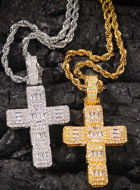 欧美百搭十字架吊坠 微镶方锆嘻哈项链潮流街舞个性情侣饰品