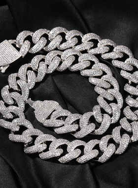 20mm加密嘻哈古巴链铜镶锆石潮男时尚项链新款弹簧扣四排满钻手链