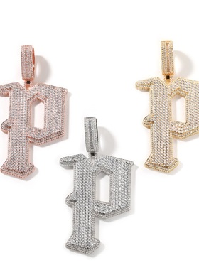 欧美新款铜镶锆石大号字母P吊坠大写字母潮流嘻哈项坠hiphop饰品
