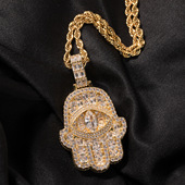 新款 复古法蒂玛之手hiphop潮人吊坠轻奢满钻马眼手掌男女项链